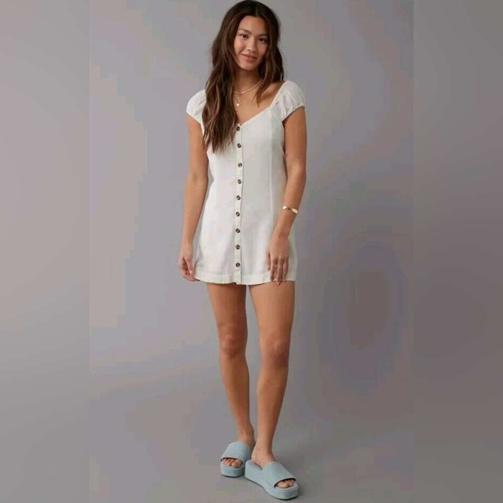 NWOT American Eagle White Button-Down Puff Sleeve/Strap Mini Dress Size Small